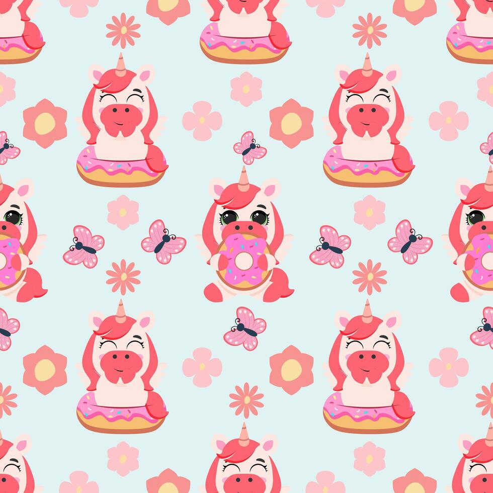 Seamless pattern featuring cute pink unicorns with donuts, butterflies, and flowers on a soft pastel blue background. Ideal for kids' products, fabric designs, wallpapers, and greeting cards vector