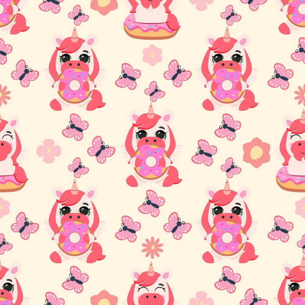 Seamless pattern featuring pink unicorns with donuts and butterflies on a soft pastel background. Perfect for children products, textiles, gift wrap, and festive designs vector
