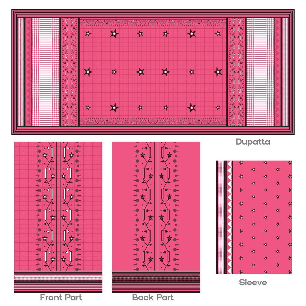 Pink Dupatta, Sleeve, Front and Back Parts Textile Design vector