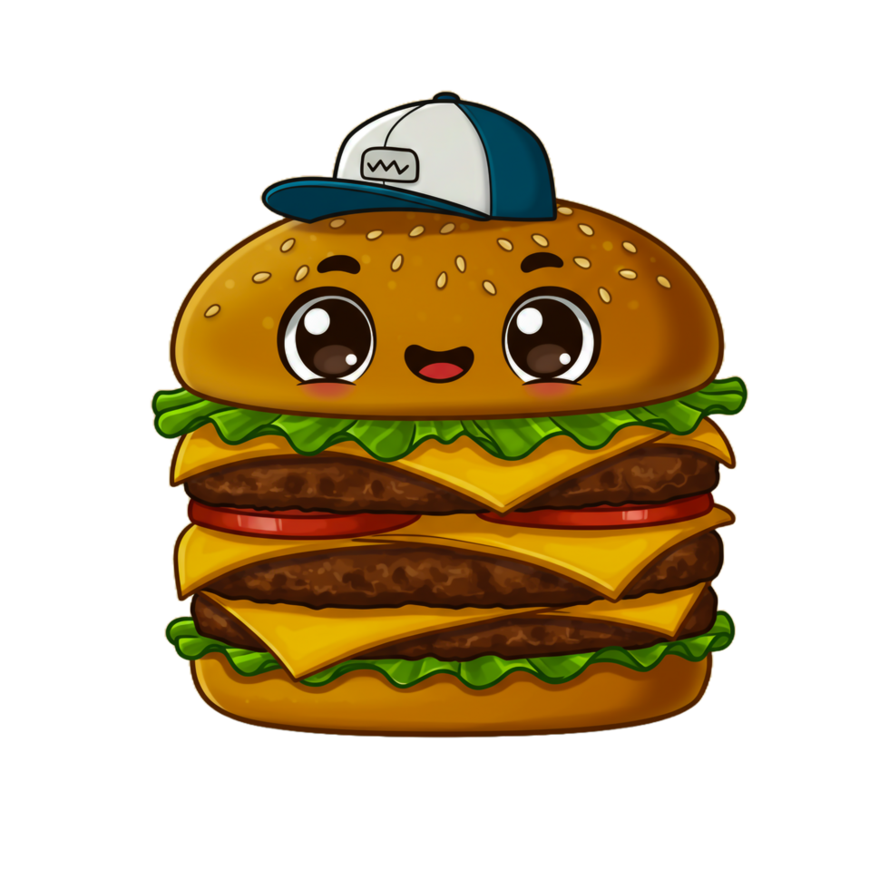 Adorable anthropomorphic hamburger with a cute and cheerful expression of transferred background png