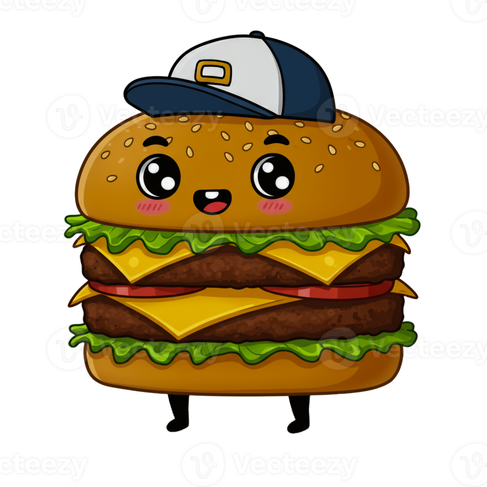 Happy animated burger character with big sparkling eyes and a cute smile of transferred background png