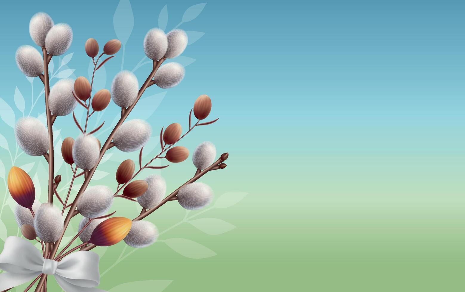 Floral background with spring willow branch bouquet. White bow. Greeting card. Botanic banner theme. vector