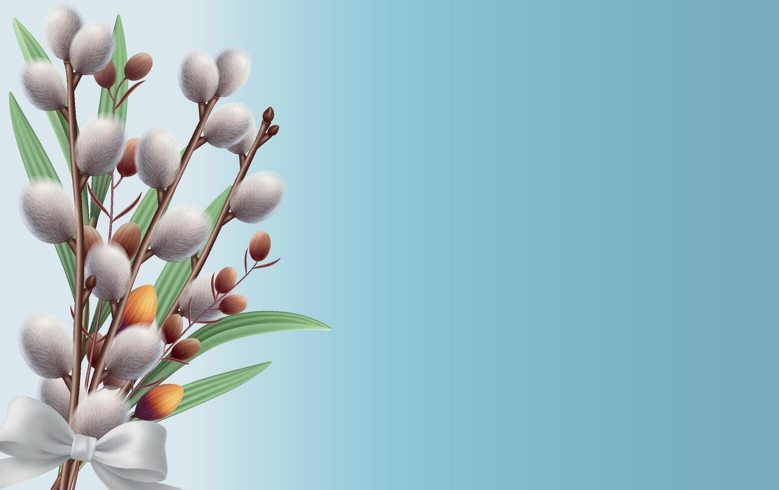Floral background with spring willow branch and green leaves bouquet. White bow. Greeting card. Botanic theme. vector