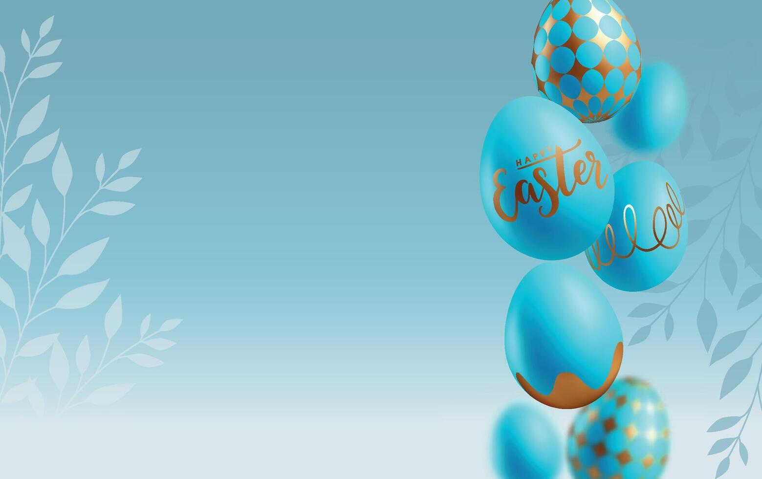 Floral background with spring leaves. Happy Easter banner with hovering falling blue and golden eggs. Greeting card. Botanic theme. vector
