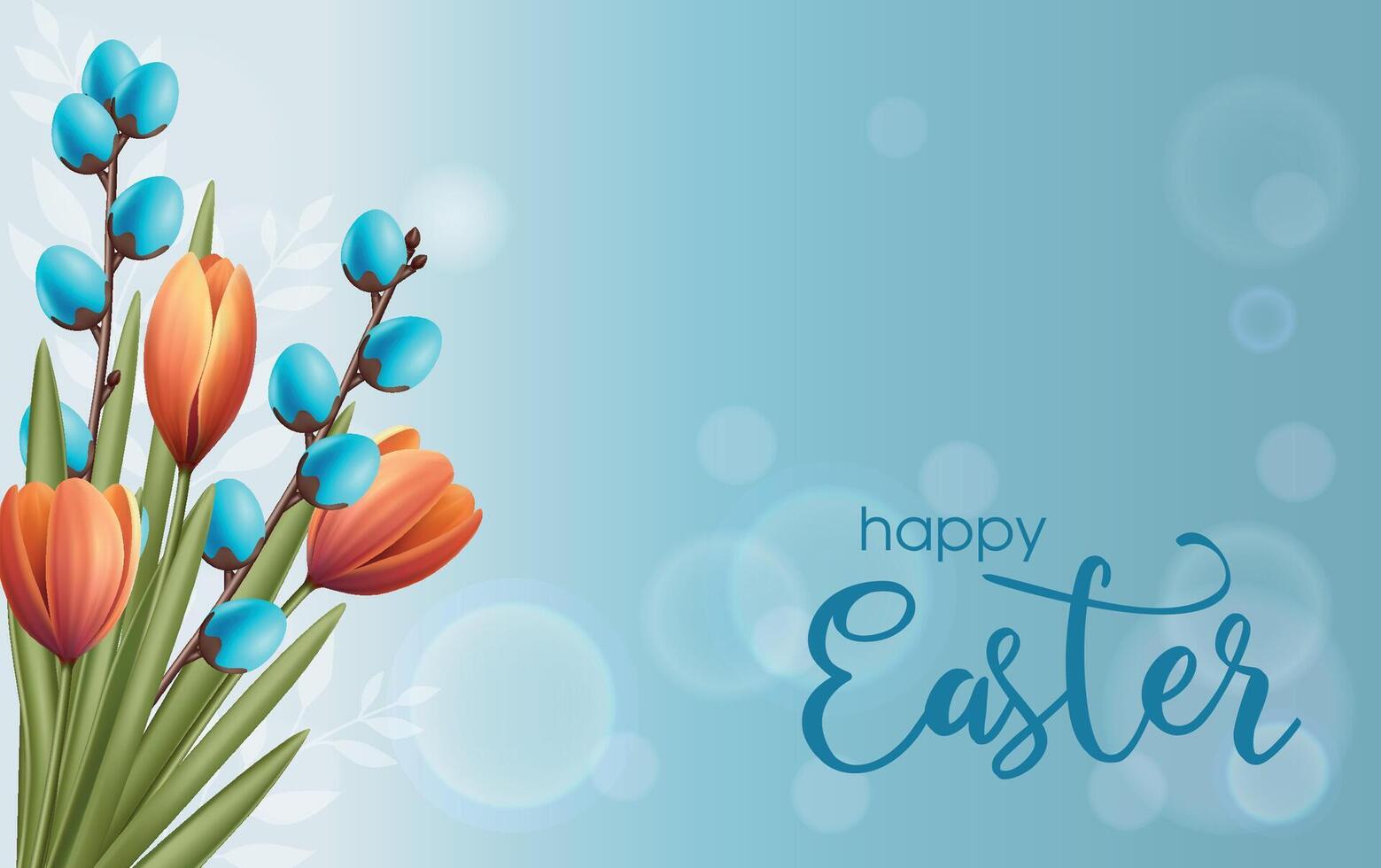 Floral background with spring willow blue eggs branch, oranges tulips bouquet. Bokeh effect. Happy Easter text. Greeting card. Botanic theme. vector