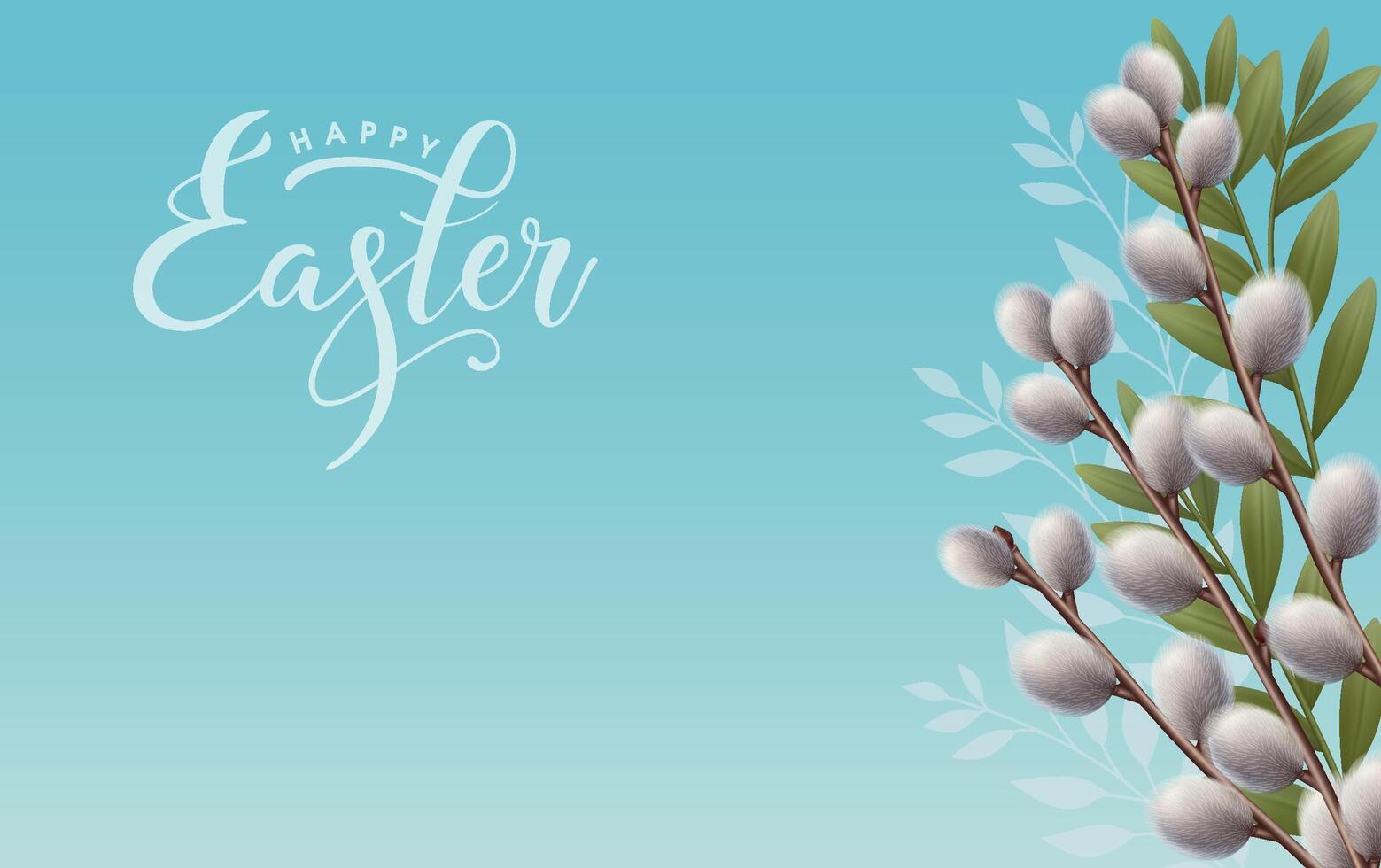 Floral background with spring willow branch and green leaves bouquet. Happy Easter text. Greeting card. Botanic theme. vector
