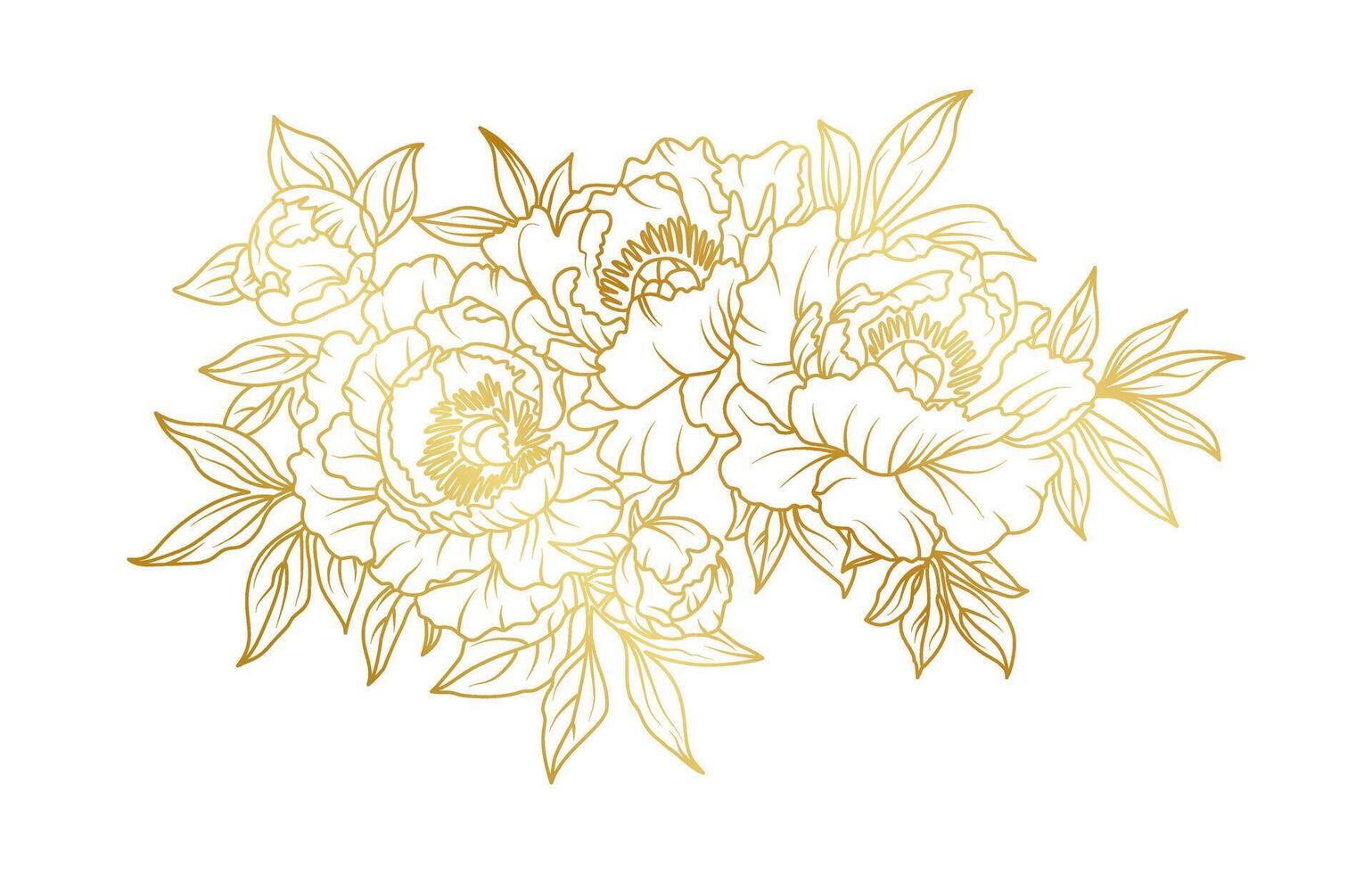 Golden peony flowers line art isolated white background. Luxury peony floral design elements for invitation, wedding, wallpaper, print template, illustration vector