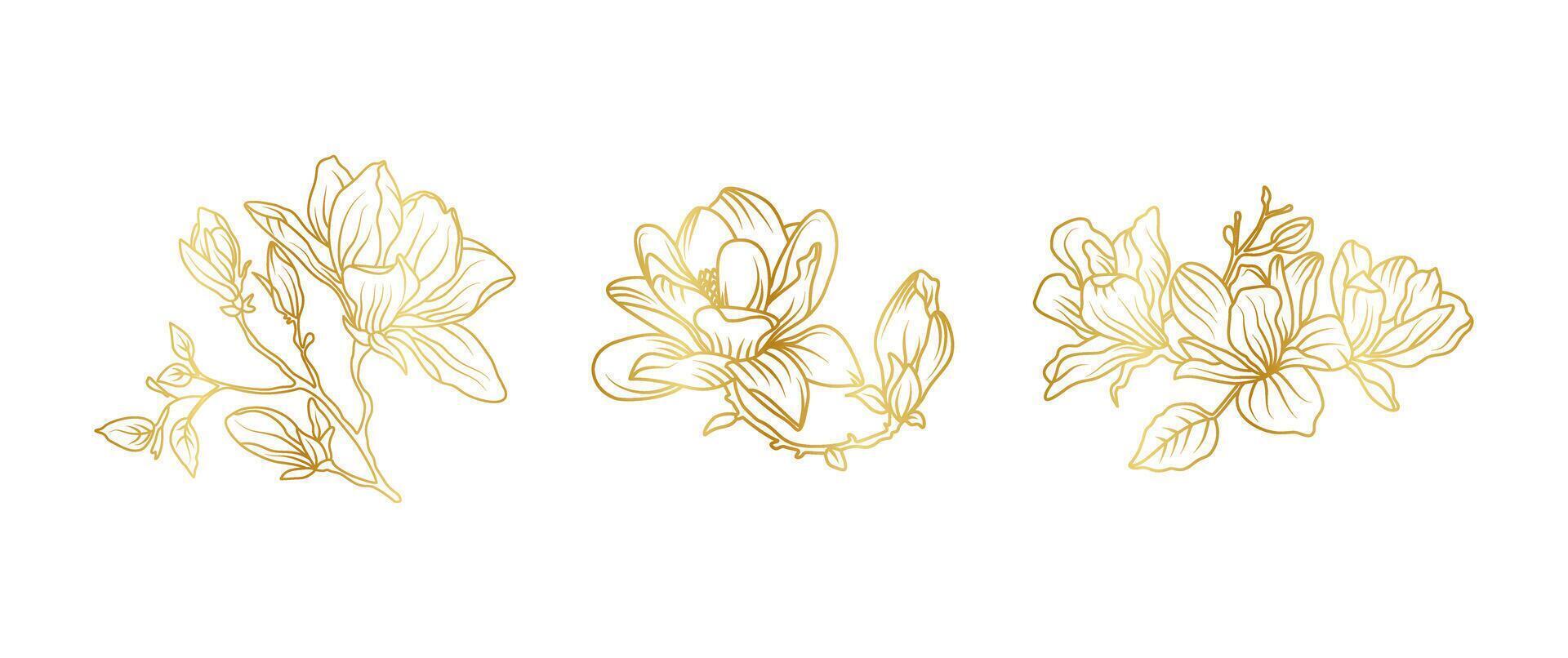 Luxury gold magnolia flowers background. Floral pattern tropical in line art style for greeting, invitation, wedding card, wall art, wallpaper print. illustration vector