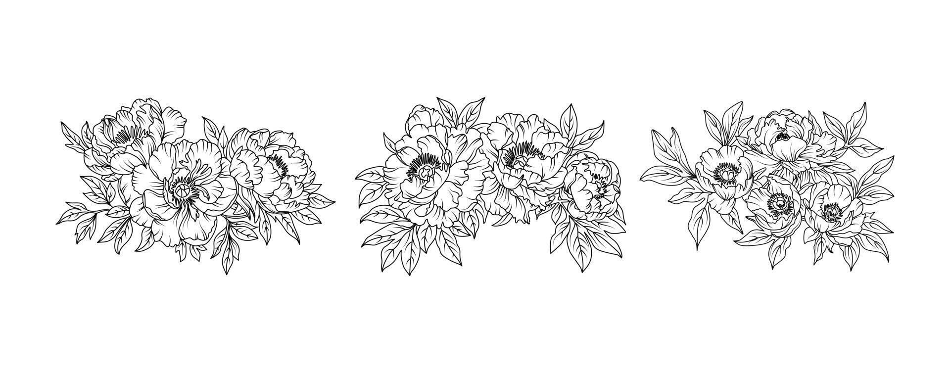 Peony flower arrangement line art on white background. Silhouette peony botanical hand drawn element for wedding, invitation frame design illustration vector