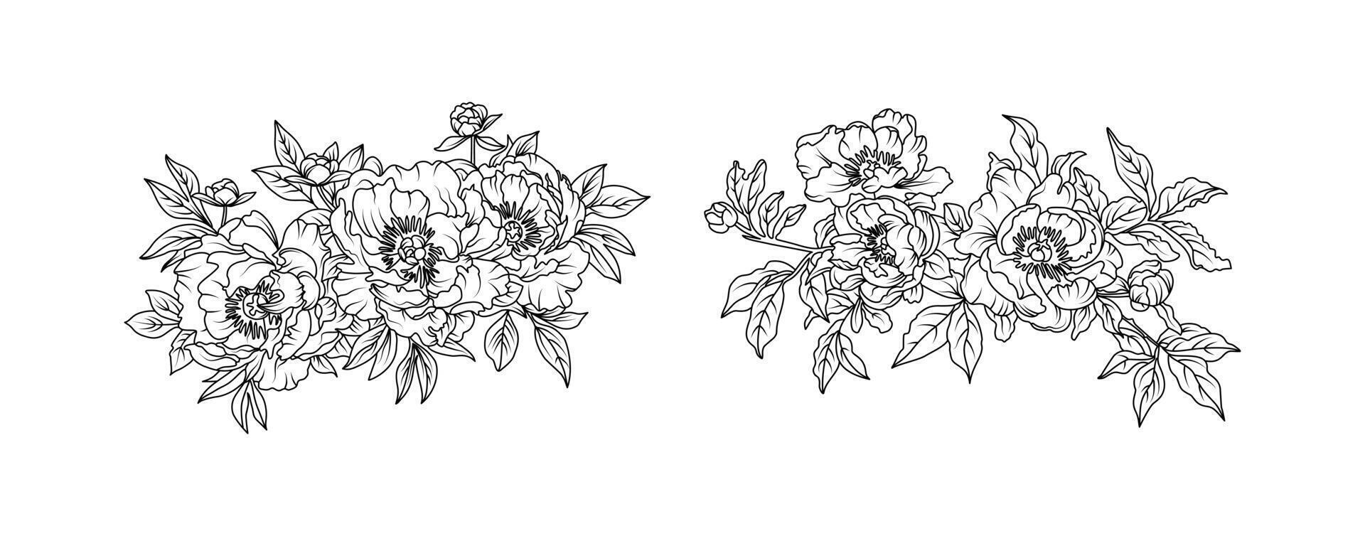 Peony flower arrangement line art on white background. Silhouette peony botanical hand drawn elements for wedding, invitation frame design, illustration vector