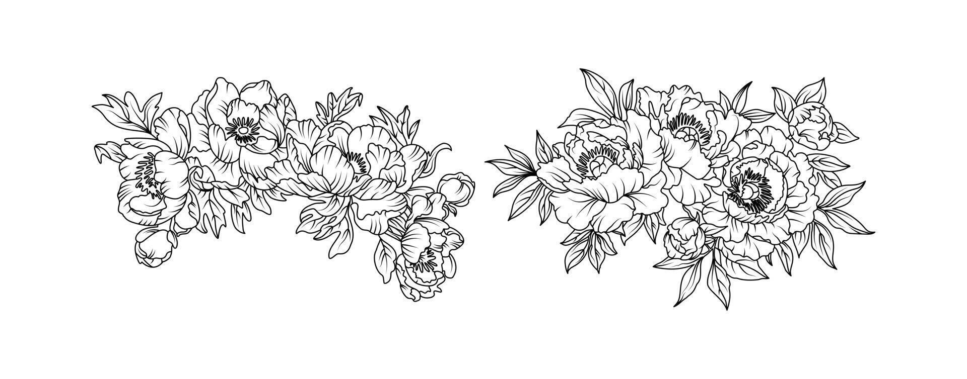 Peony flower arrangement line art on white background. Silhouette peony botanical hand drawn element for wedding invitation frame design, illustration vector