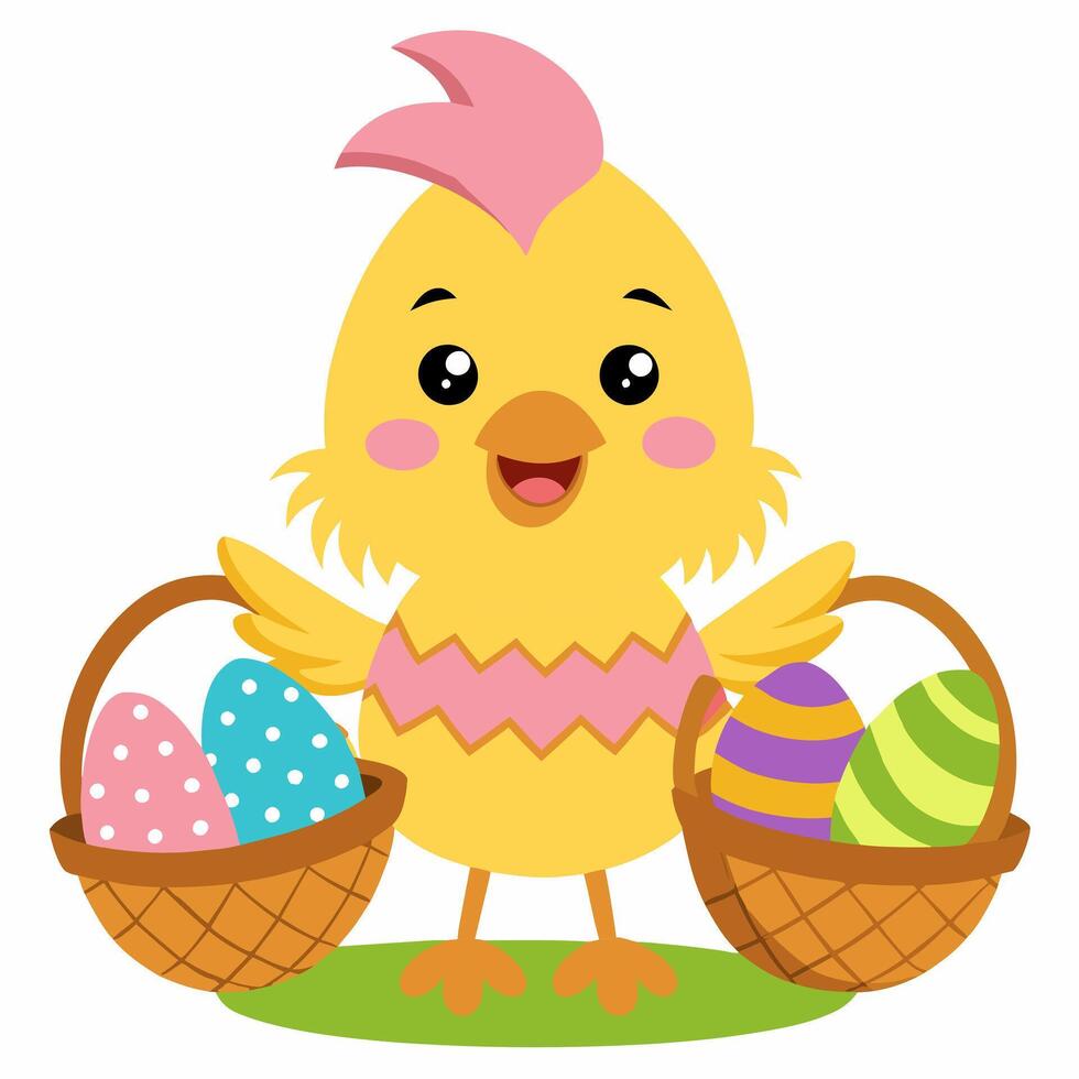 cartoon Easter chick with a basket of Easter eggs. illustration on white background vector
