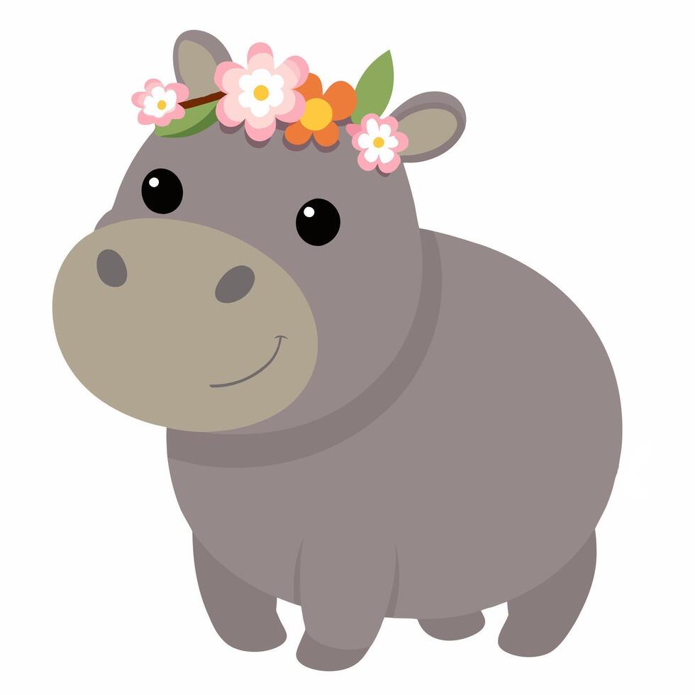 Cartoon cute hippopotamus with a wreath of flowers on the head. Suitable for children's books, sticknders, mascots. Illustration animal on a white backgraund. vector