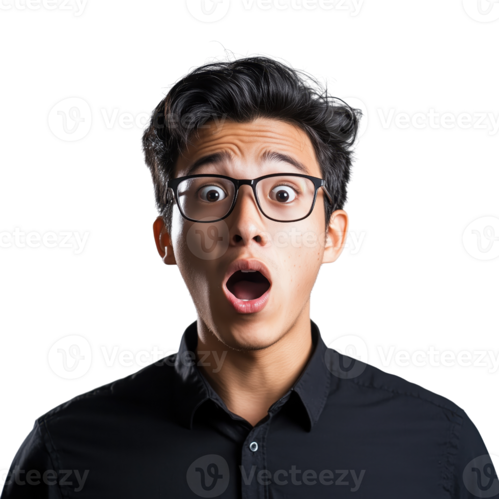 Surprised Young Man with Glasses Expressing Shock and Awe Emotion png