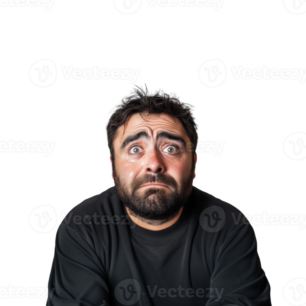 Expressive man with worried facial expression looking directly at camera png