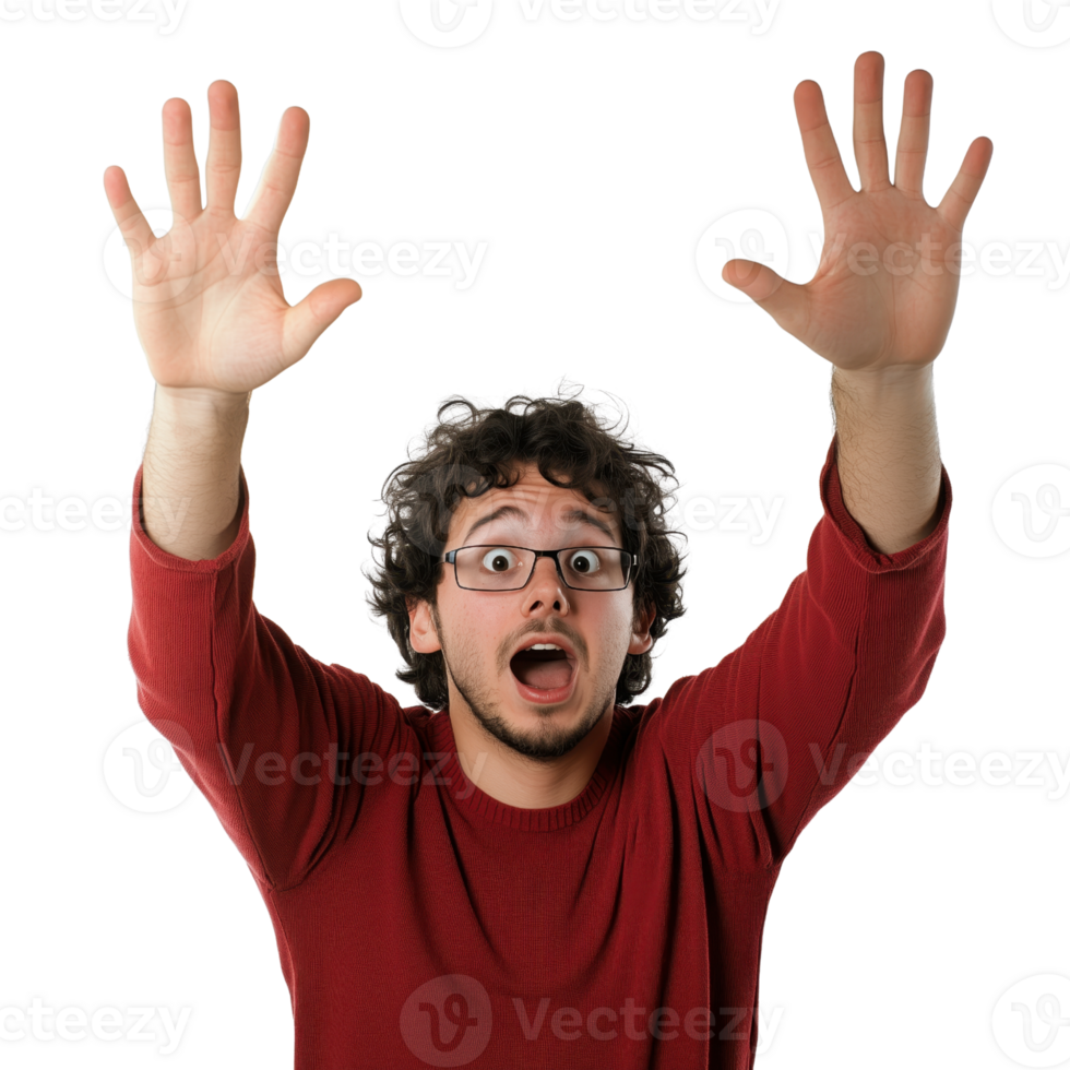 Surprised Young Man with Raised Hands and Open Mouth Expression png