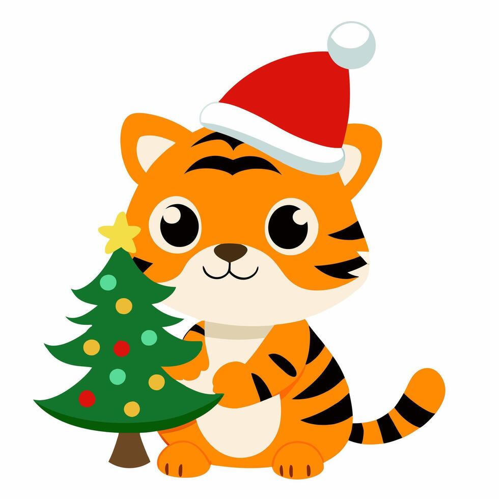 Cartoon cute tiger cub wearing santa claus hat with christmas tree. Suitable for children's books, sticker, mascot, logo,icon. illustration animal on white background vector