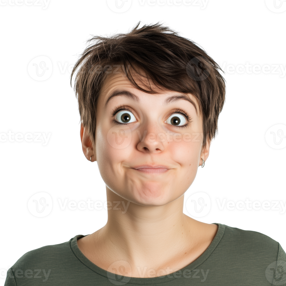Surprised woman with short hair expressing curiosity and wonder png