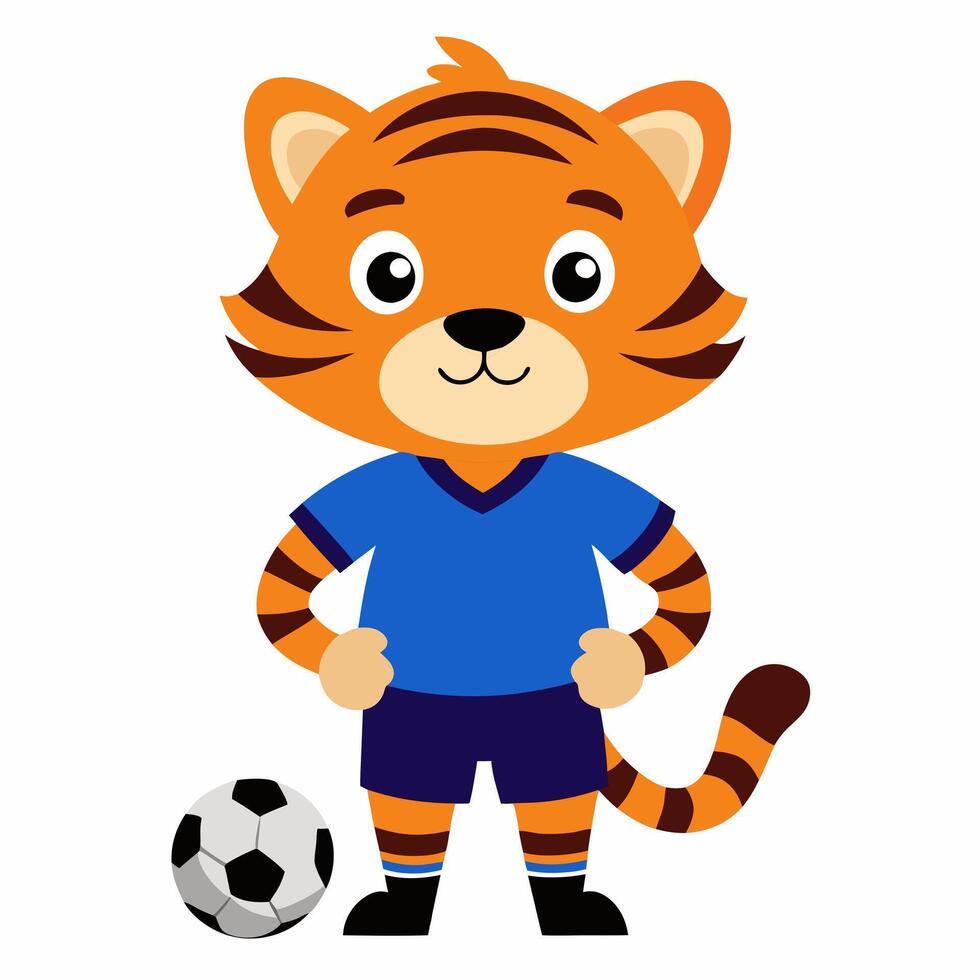 Cartoon tiger cub football player character with the ball. Suitable for children's books, sticker, mascot. illustration animal on white background vector