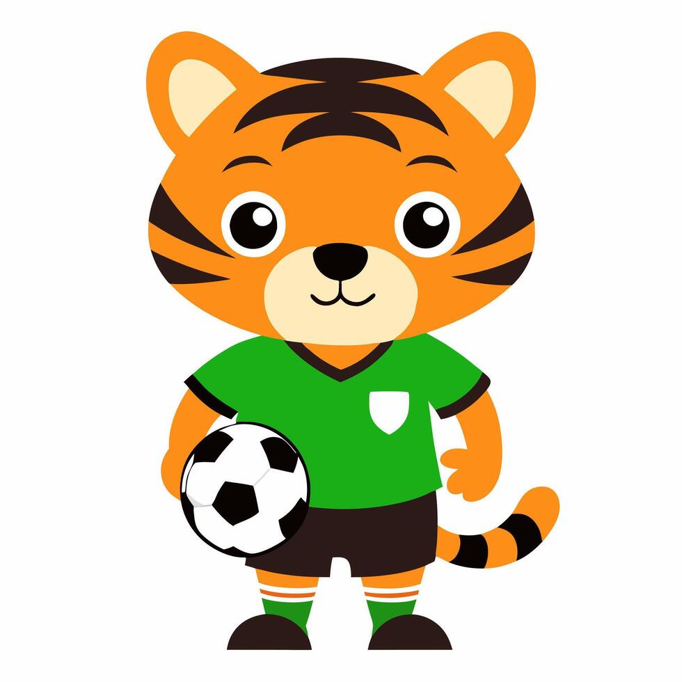 Cartoon tiger cub football player character with the ball. Suitable for children's books, sticker, mascot, logo. Illustration animal on white background vector