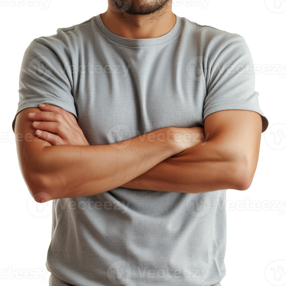 Confident Young Man with Crossed Arms in Casual Grey T-shirt png
