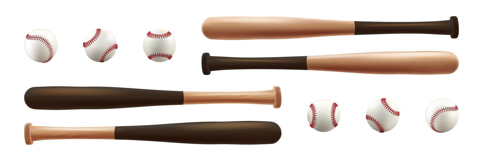 Bat ball and glove, baseball clipart. 3d player equipment set. Vintage isolated team logo mockup. Wooden steel stick, white softball, leather mitt base element texture. Pitcher sweepstakes tool vector