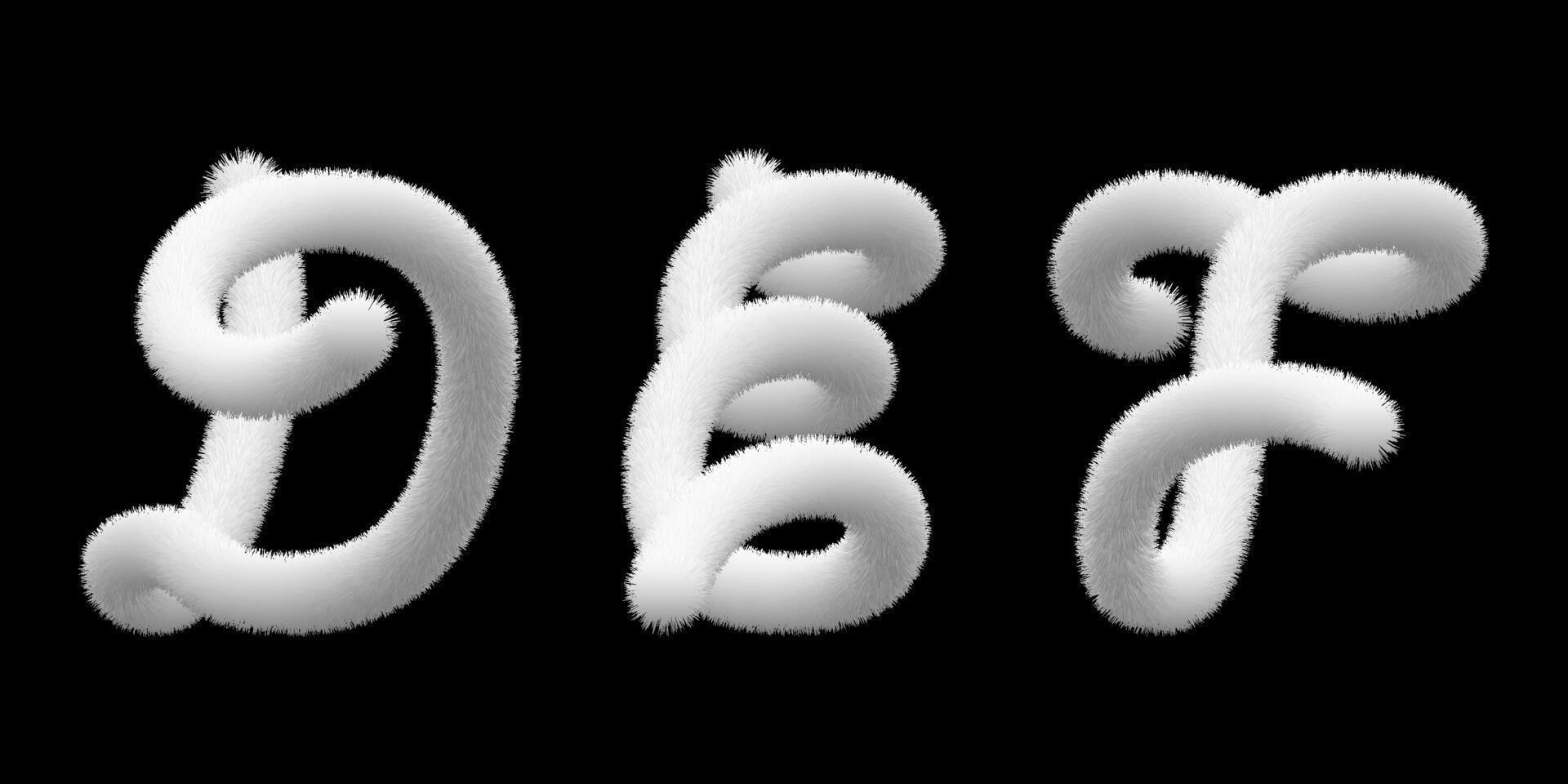 Fluffy font typescript, D,E,F text. Furry pompon 3d typography. Hairy capital script, fuzzy soft plush character. Puffy toy texture. Volume letter, white fur ribbon. Animal tail hair alphabet. vector