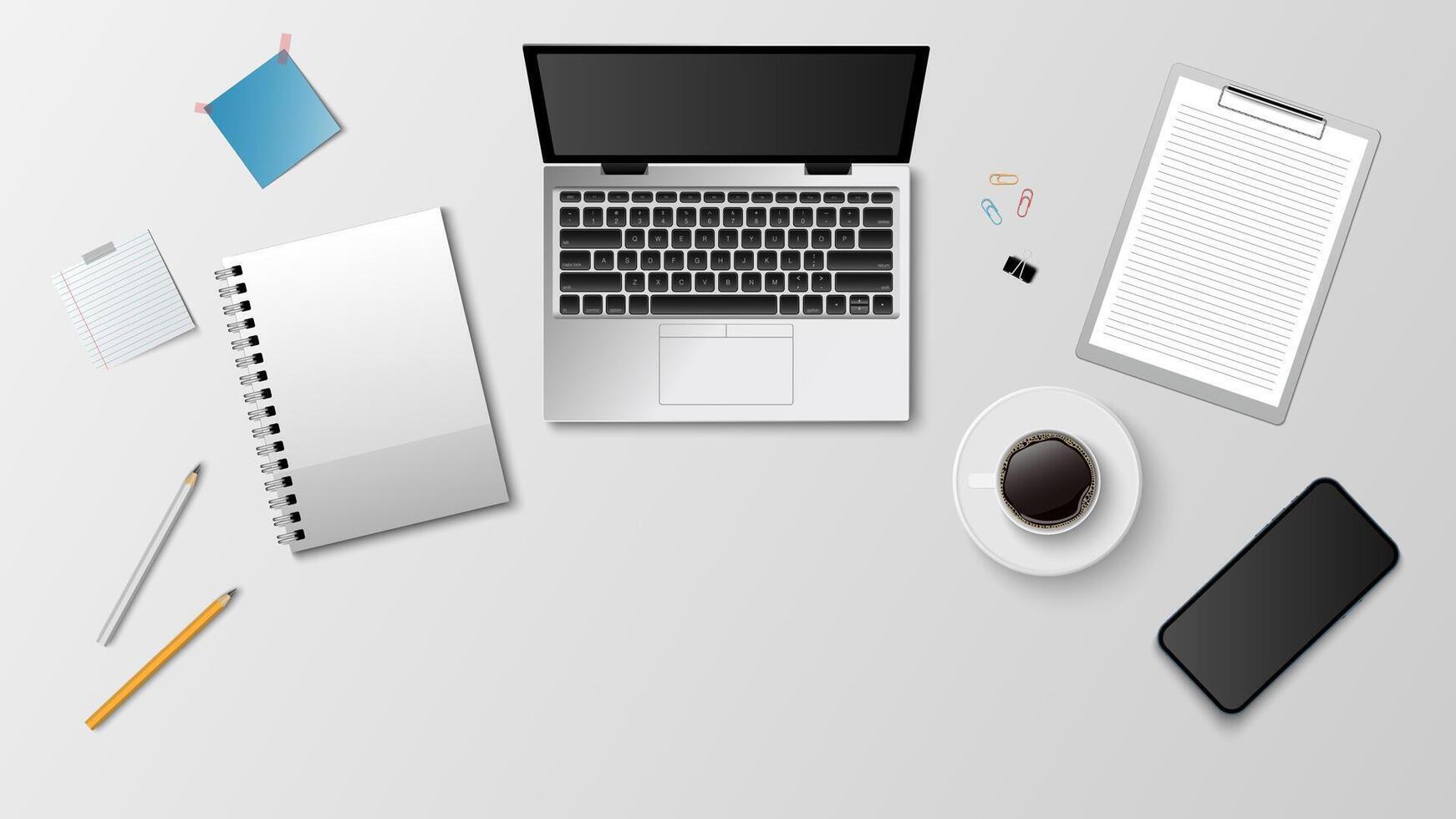 Top view workspace. Coworking home-office interior with laptop and table and coffee cup, documents, smartphone and notebooks. illustration vector