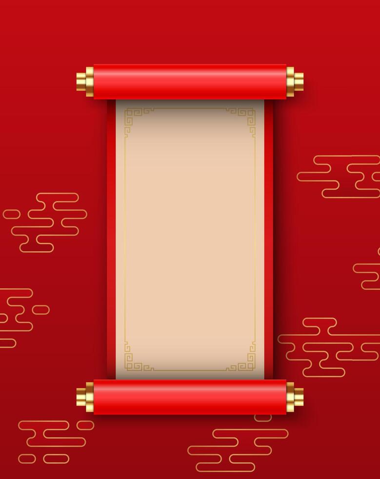 3D Chinese scroll, banner kit, red festive royal asian game UI traditional design element. Luxury celebration China background, spring floral print, silk banner. illustration vector