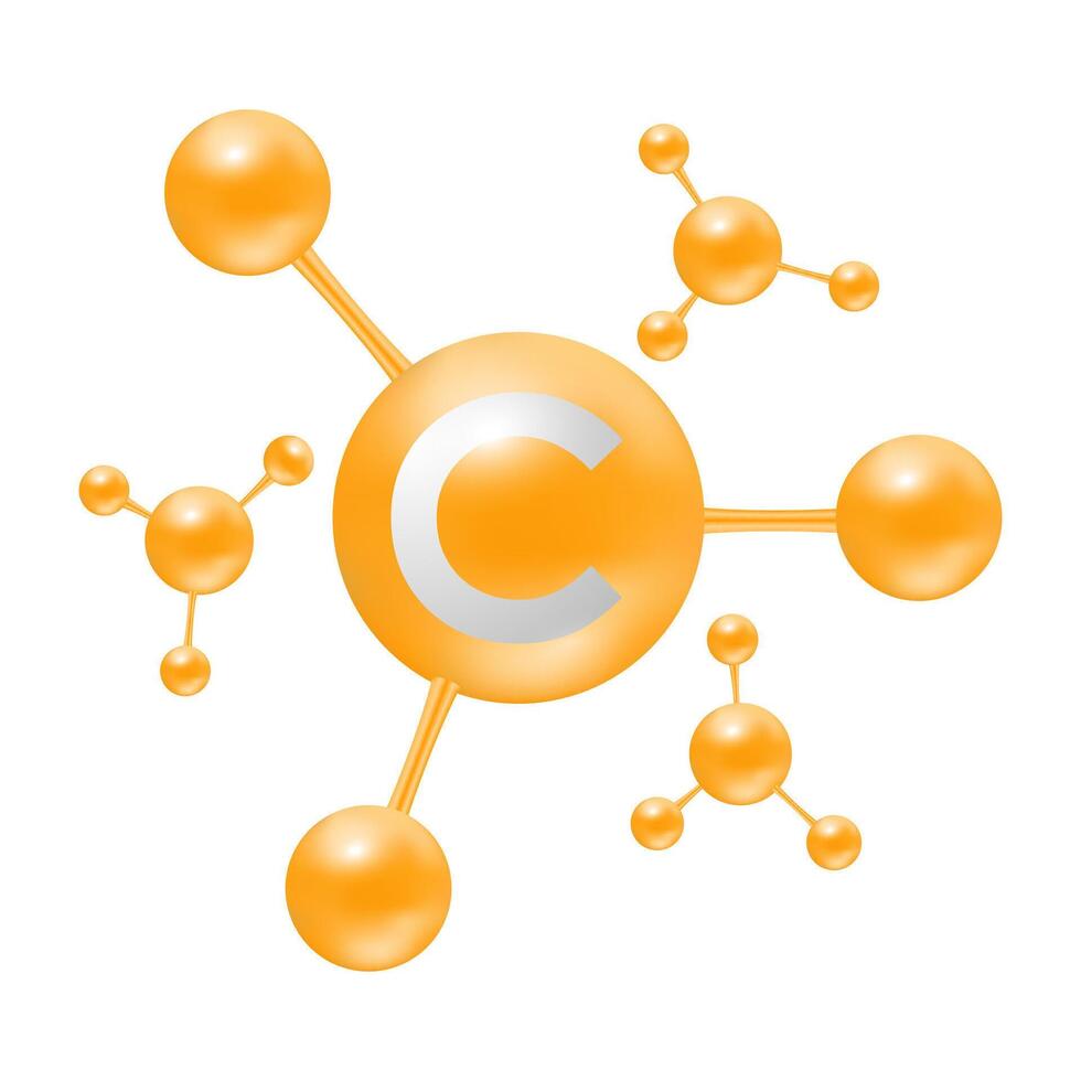 Vitamin C Atoms molecules orange glossy. Icon 3D isolated on white background. Minerals vitamins complex. Medical and science concept. EPS10 illustration vector