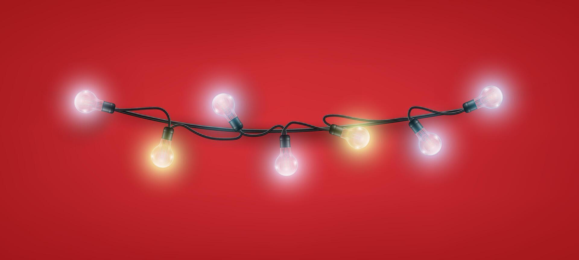Christmas ornaments bright light garlands. Xmas decoration string light garland multicolored. Bulb lamp on red ribbon for the new year. illustration vector