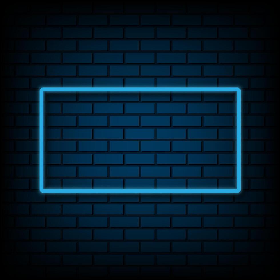 Neon night blue frame on brick wall background. Bright neon light, illuminated rectangle frame. Glowing blue neon tube on dark background. illustration vector