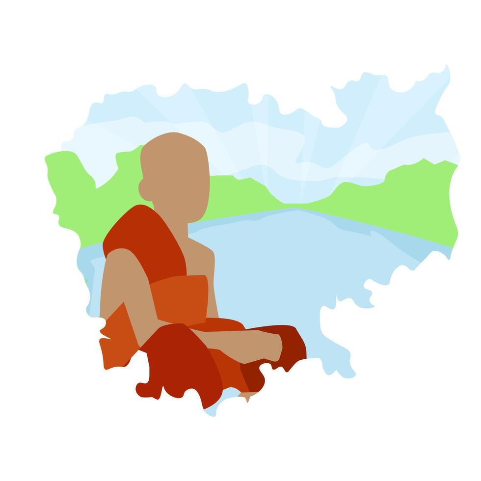 A monk in a traditional orange robe against a map of Cambodia and landscapes vector