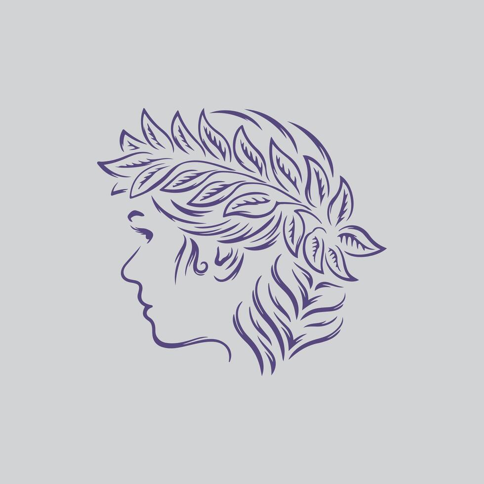 Woman with Laurel Wreath, Line Art Illustration, Female Profile with Leaves, Elegant Line Drawing eco logo vector