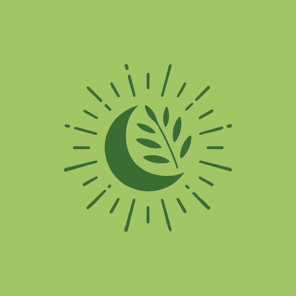 crescent moon with an olive branch inside, surrounded by radiating lines. Moon and Olive Branch Icon, Nature Symbol, Eco friendly logo vector