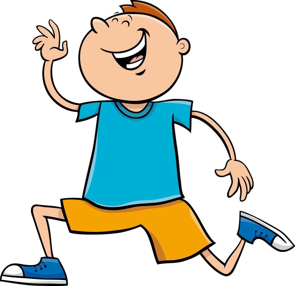 happy cartoon elementary age or teen boy character running vector