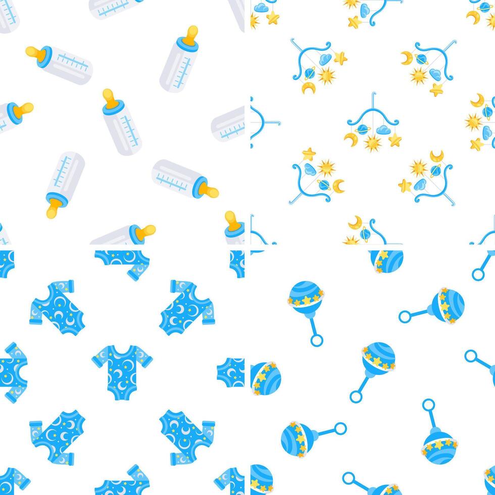 Four seamless patterns with baby boy items for shower party celebrating, newborn care and first year of life vector