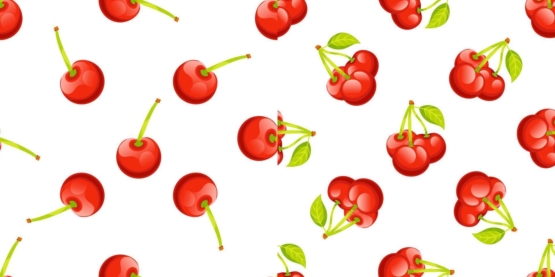 Seamless pattern with ripe red cherries and green leaves on white background vector