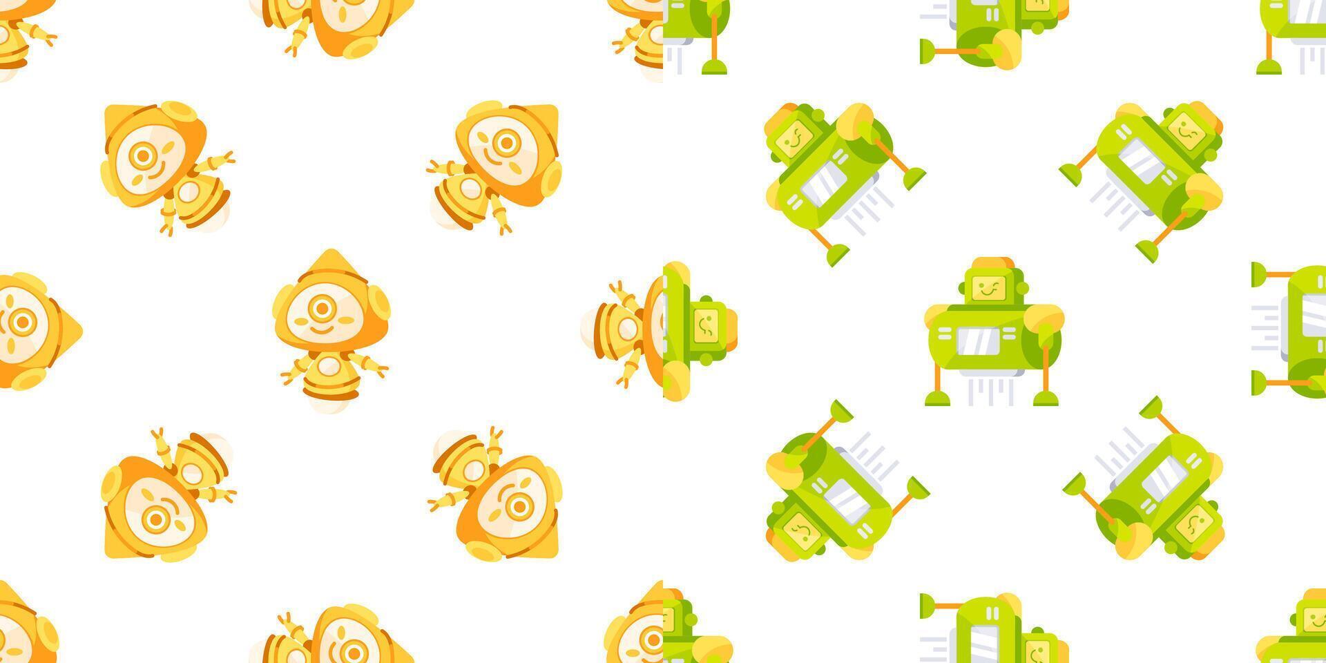 Friendly robots and droids repeating pattern on white background vector