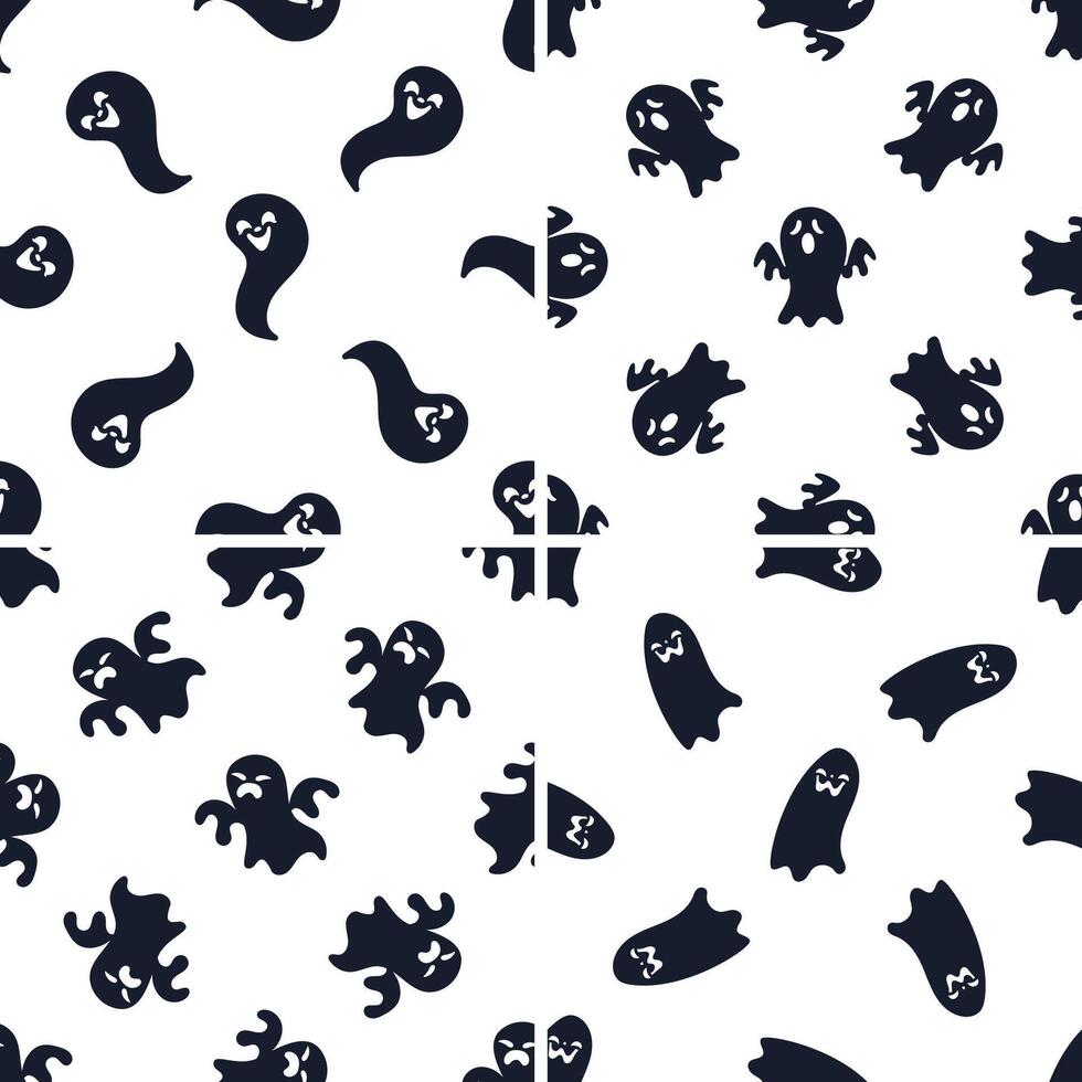 Halloween seamless pattern with cute flying ghosts making funny faces vector