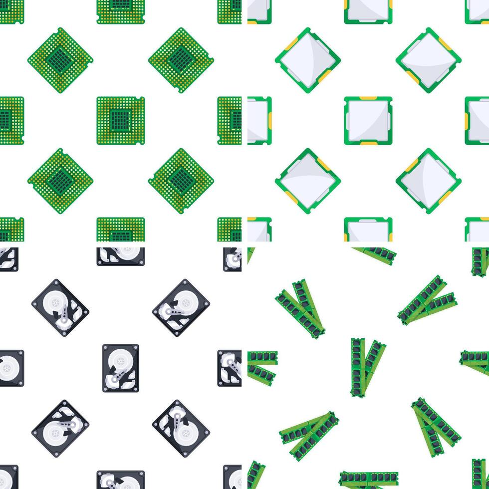 Cpu, ram and hard disk composing a seamless pattern representing computer hardware vector