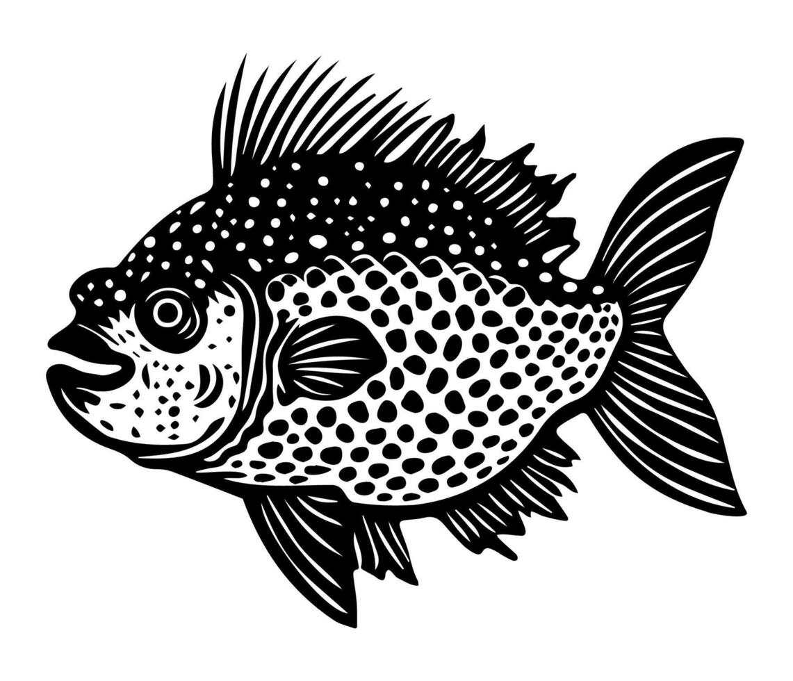 Pufferfish silhouette linocut illustration vector