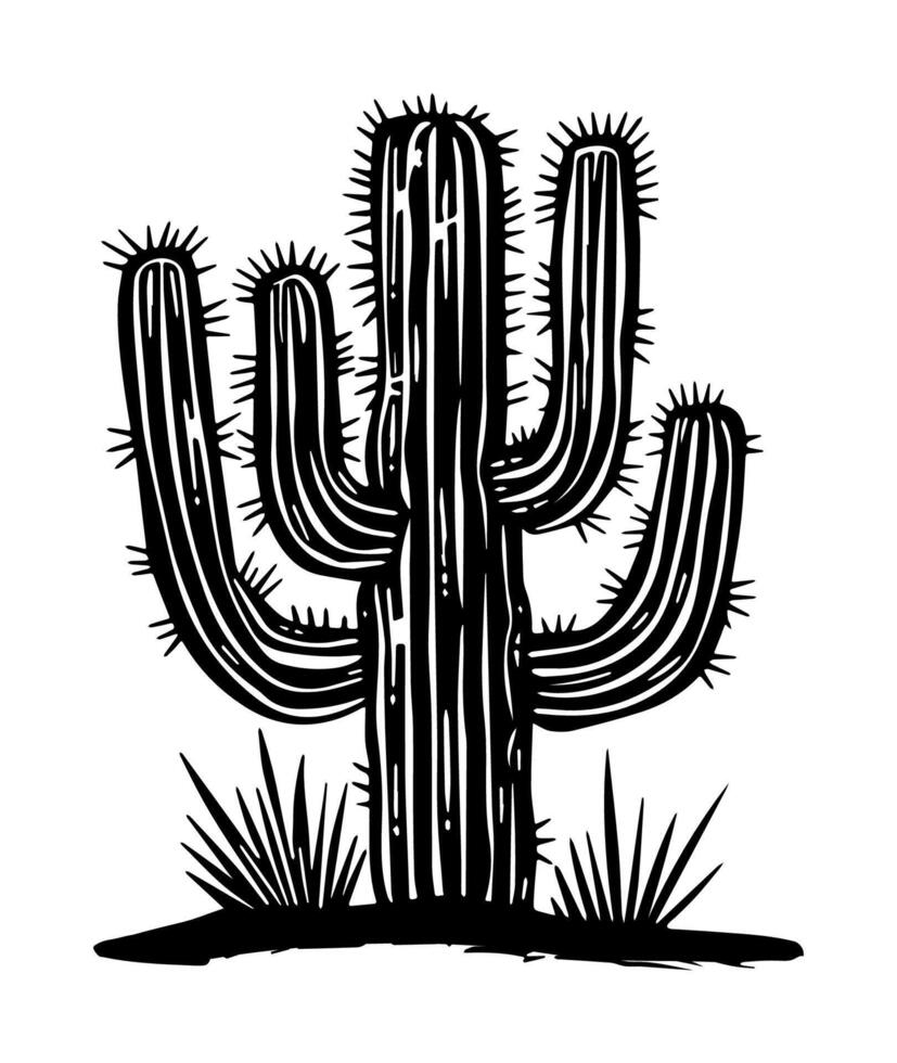 Cactus silhouette featuring multiple arms standing in arid terrain with spiky features and nearby grass under bright sun vector