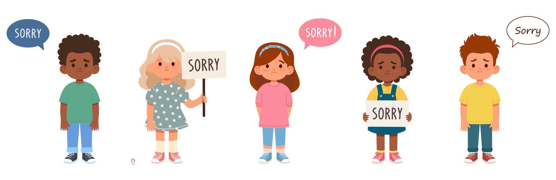 Children of different nationalities and genders asking for forgiveness, holding a sign SORRY vector
