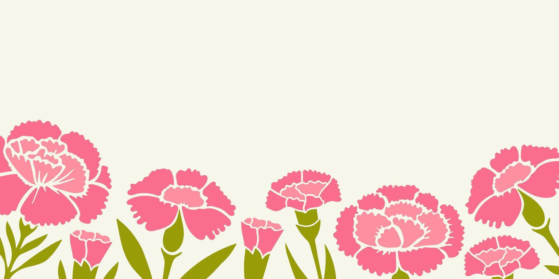 Trendy banner, poster, label, template or cover with carnations frame in spring colors and copy space vector