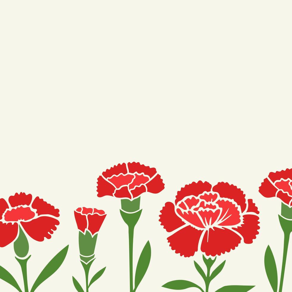 Trendy greeting card with red carnation flowers with copy space vector