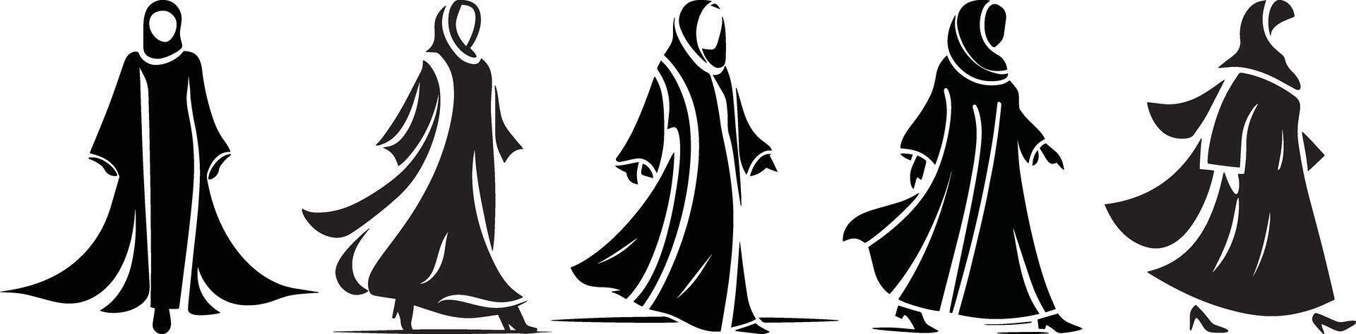 Set of Muslim women wearing Islamic clothes silhouette. Abaya silhouette. vector
