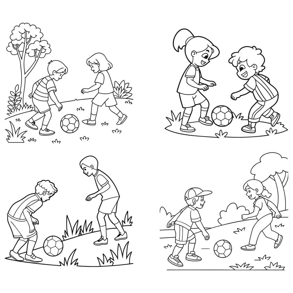 Black and White Line Art of Kids Playing Soccer in a GardenIllustration vector