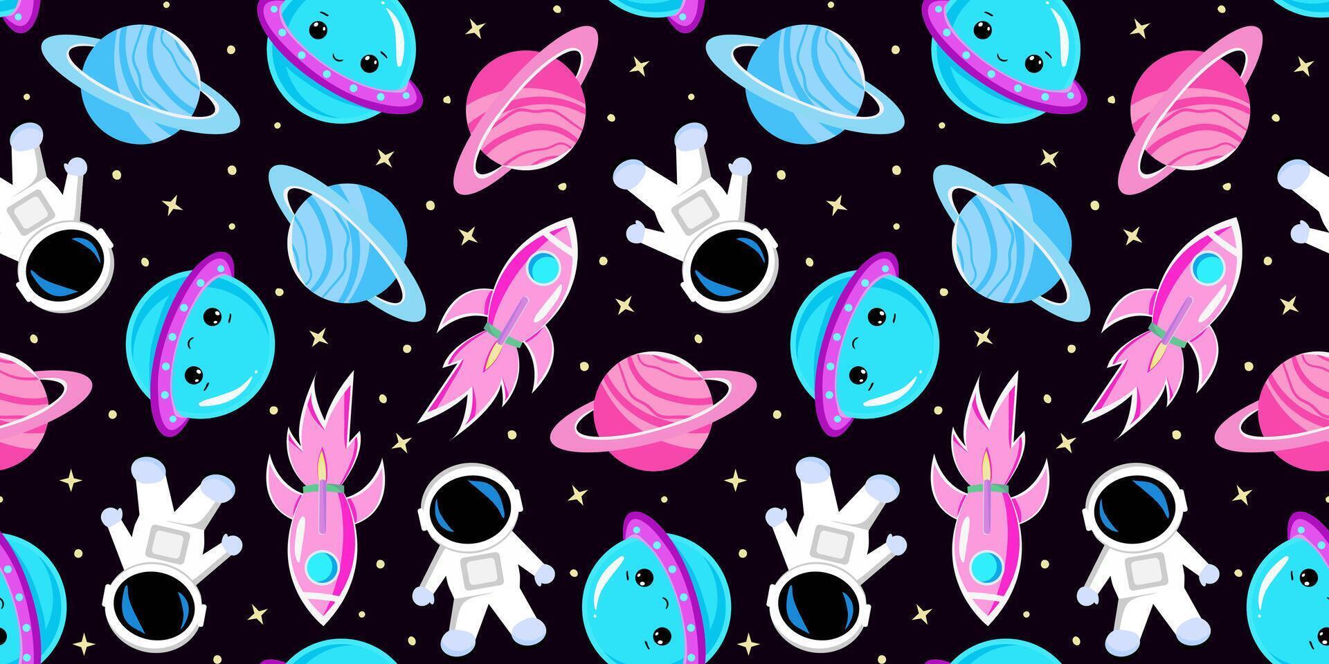seamless space pattern cute astronauts, planets stars rockets on dark background design for children's textile, wrapping, and decor cosmic art vector