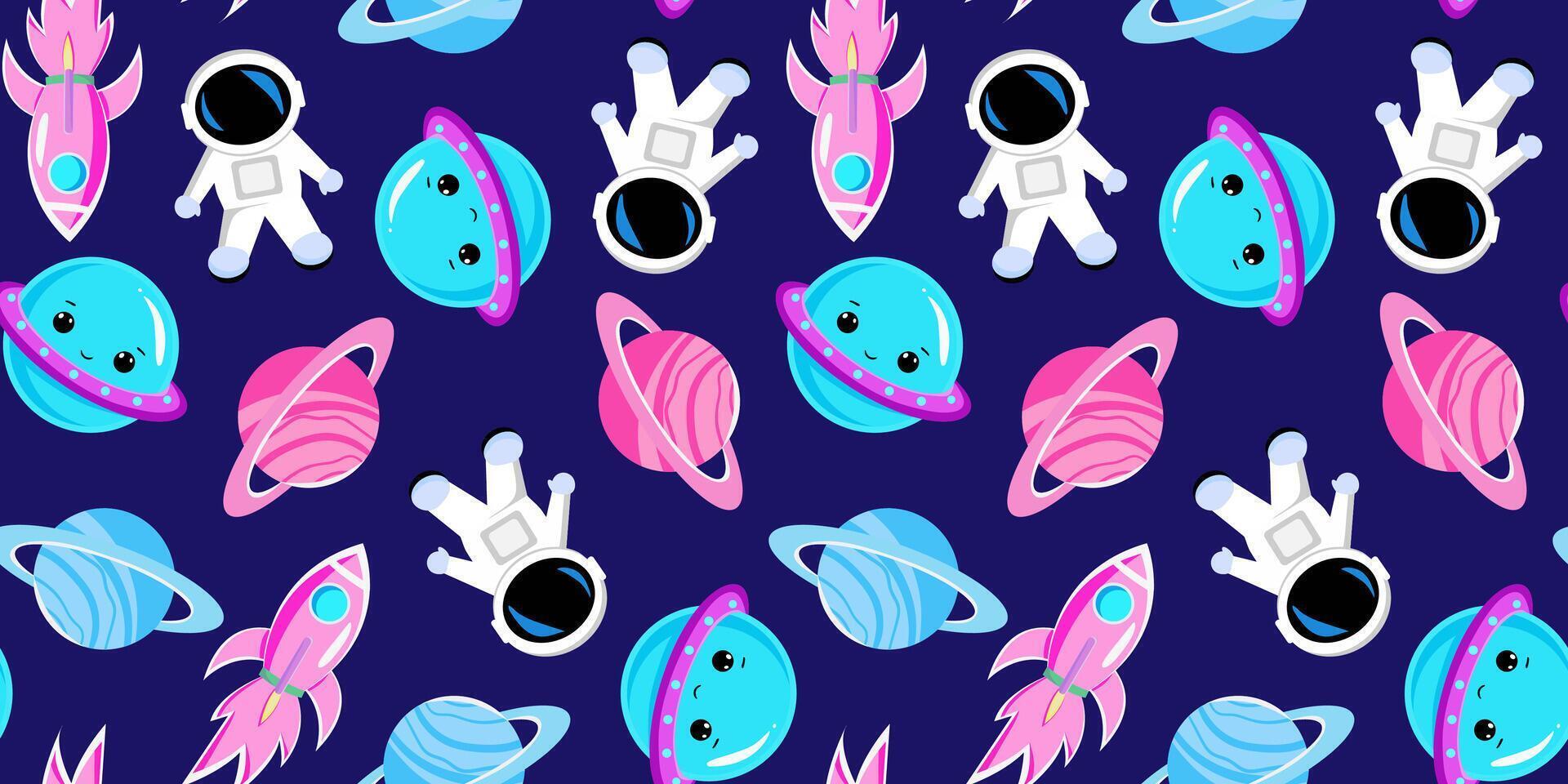 seamless space pattern astronauts, planets, and rockets on dark background cosmic design for textile, wrapping, and children's decor vector